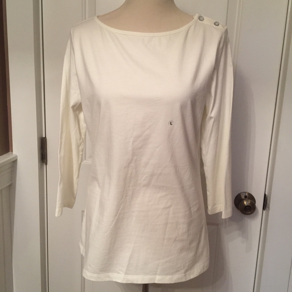 BROOKS BROTHERS NEW TOP TEE 3/4 SLEEVE CREAM COTTON CREWNECK Size L NWT PREPPY